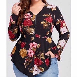 Black Floral Zipper Front Blouse